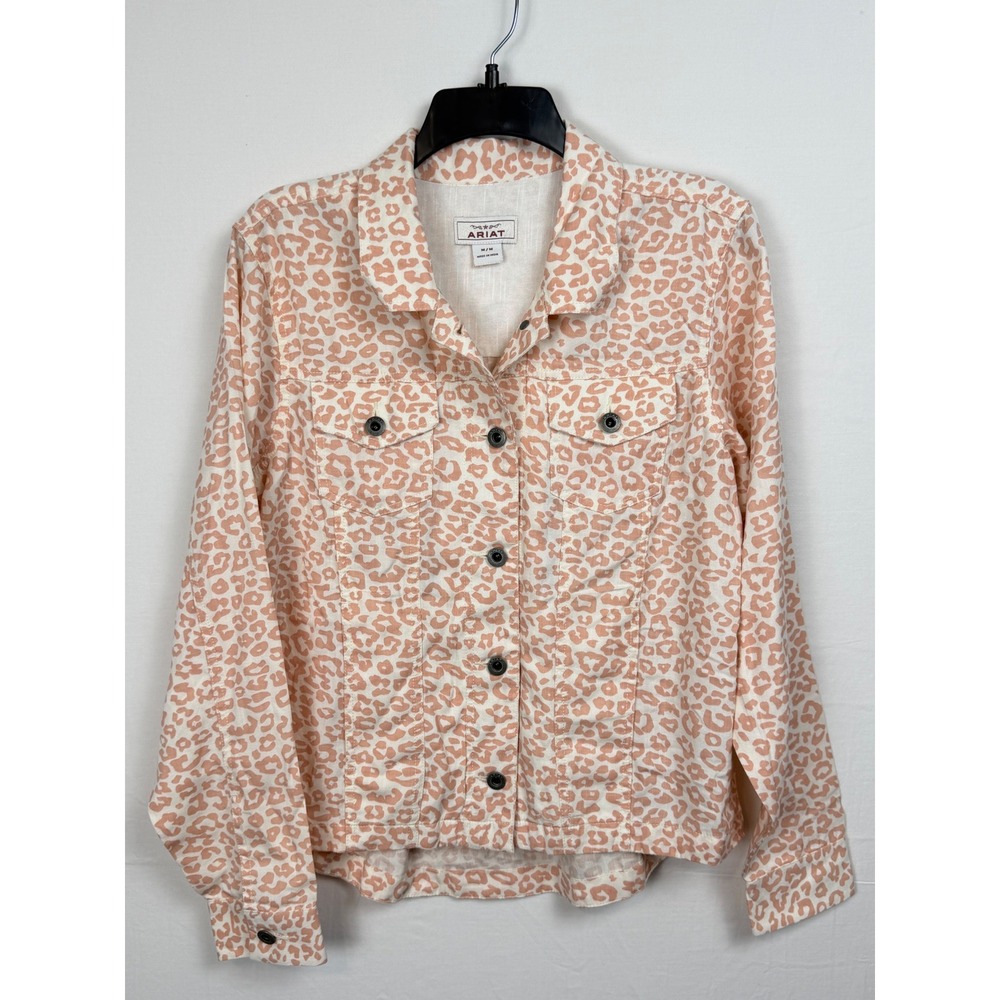 Ariat Women Cotton Tencel chore Shirt Jacket M Peach White Leopard Print